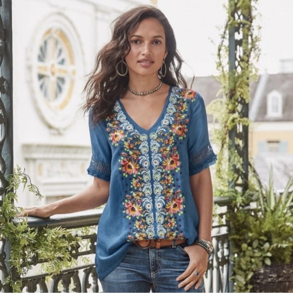 Sundance Embroidered Rossi Floral Top Cupro Short Sleeve Womens XS
